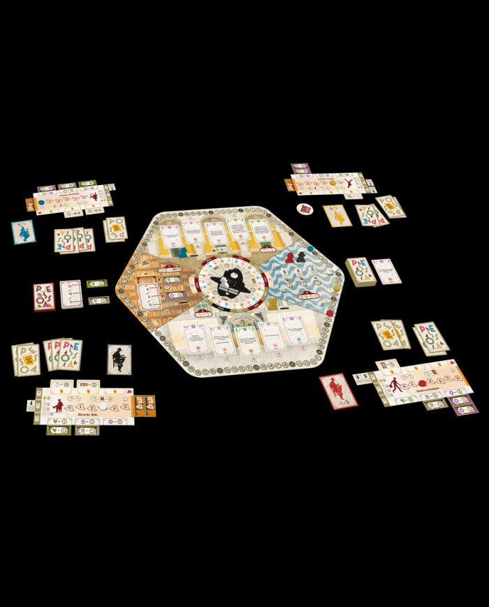 Game components of Pesso displayed, including cards, tokens, player boards, and a central board map representing Lisbon and Pessoa’s mind