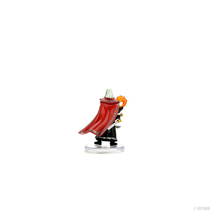 Back view: White-haired fantasy mini in red cape casts an orange fire spell