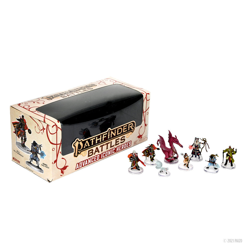 Pathfinder Battles Advanced Iconic Heroes box and 8 painted fantasy miniatures: heroes, a red dragon, and a white fox