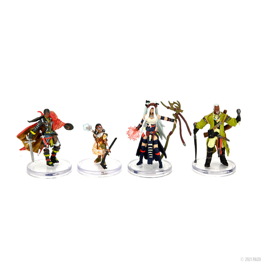 Four painted fantasy RPG miniatures: a warrior, two mages casting spells, and a robed figure, on clear bases