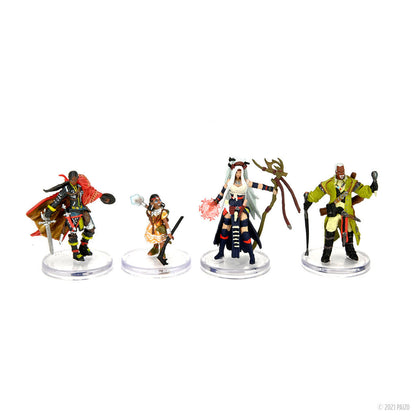 Four painted fantasy RPG miniatures: a warrior, two mages casting spells, and a robed figure, on clear bases