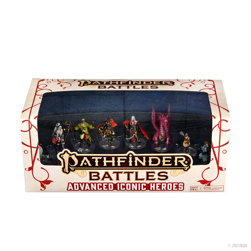 Pathfinder Battles Advanced Iconic Heroes box set showing six fantasy miniatures, including a red dragon
