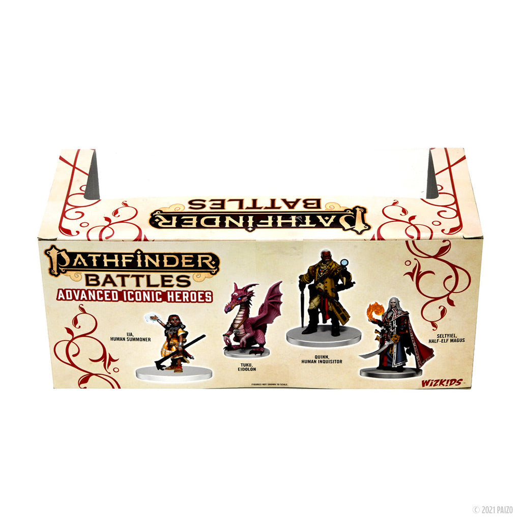 Pathfinder Battles Advanced Iconic Heroes box with 4 fantasy miniatures: a summoner, dragon, inquisitor, and magus