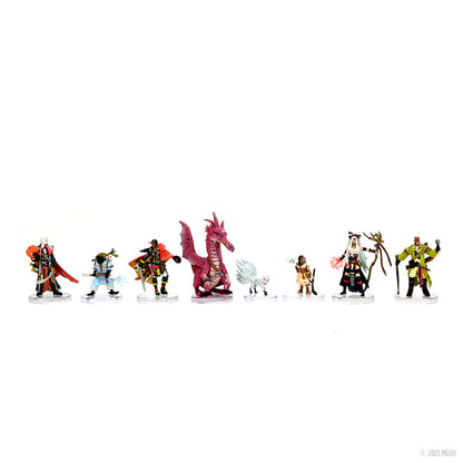Seven fantasy RPG miniatures on white: a red dragon, a white fox, and five diverse humanoid characters