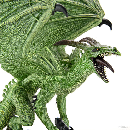 A green dragon with scaly skin, mouth wide open in a roar, showing fangs and dark tongue