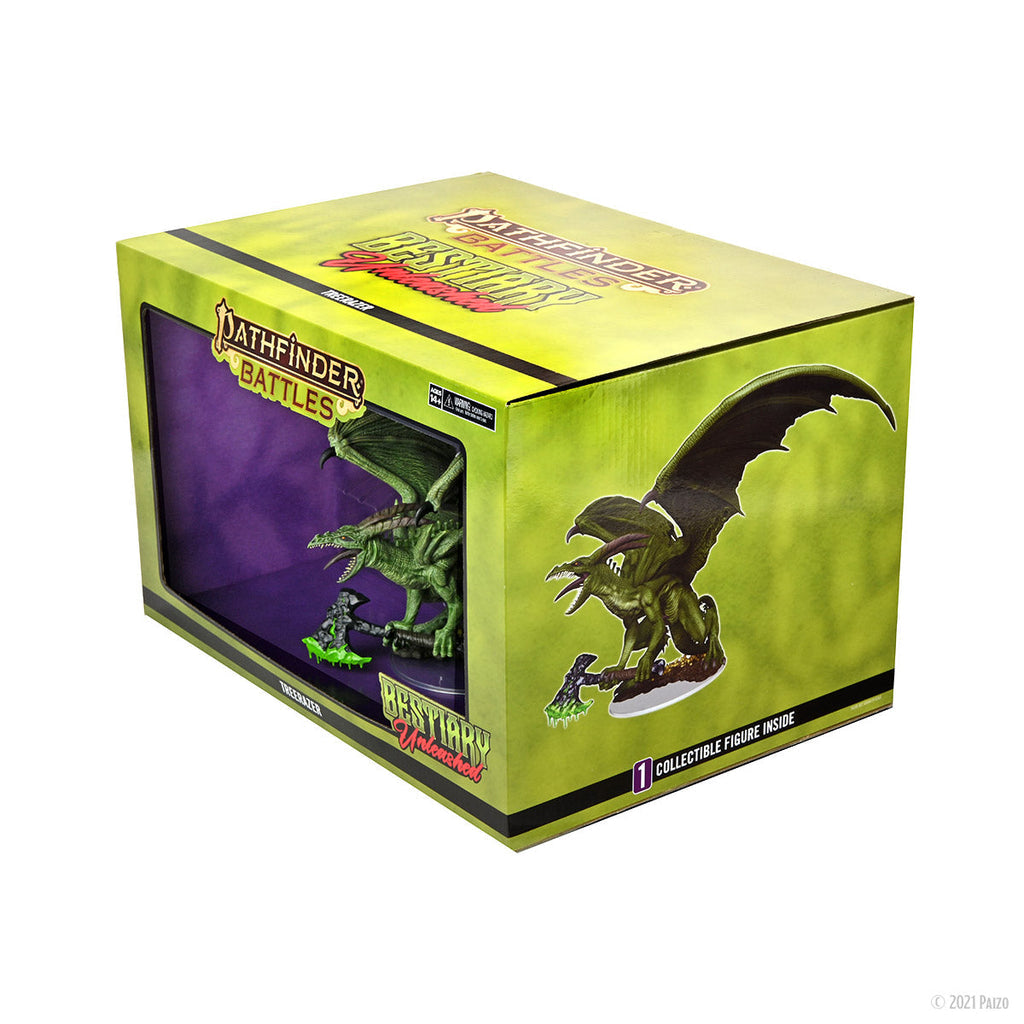 Green Pathfinder Battles Bestiary Unleashed box, with a window showing a large green dragon miniature. Dragon art on side