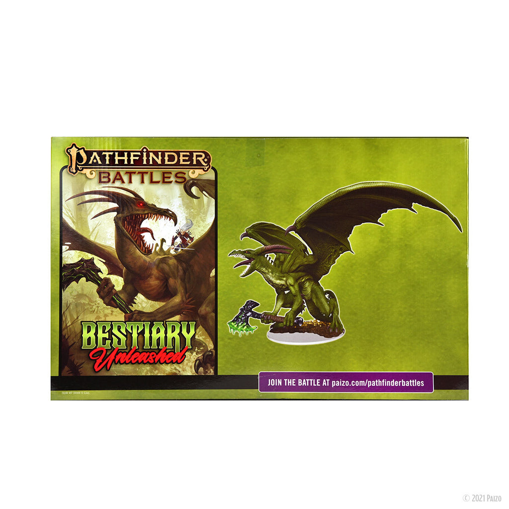 Pathfinder Battles Bestiary Unleashed box features a roaring brown dragon, alongside a green dragon miniature wielding a glowing axe