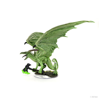 A green dragon miniature with wide wings grips an axe oozing bright green liquid
