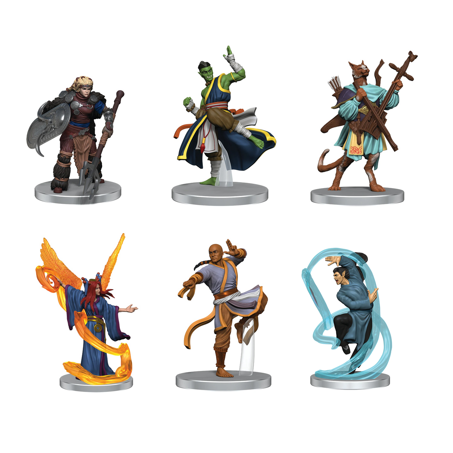 Six diverse fantasy character miniatures from the Pathfinder Battles Fists of the Ruby Phoenix set, including warriors, monks, and spellcasters