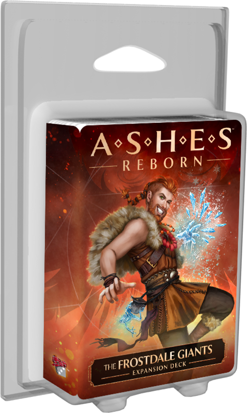 Ashes Reborn The Frostdale Giants Expansion Deck in clear packaging featuring a smiling male character casting ice magic on a fiery red background