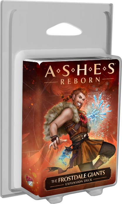 Ashes Reborn The Frostdale Giants Expansion Deck in clear packaging featuring a smiling male character casting ice magic on a fiery red background