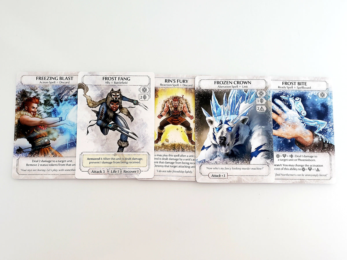 Ashes Reborn Frostdale Giants cards in a line featuring Freezing Blast Frost Fang Rin&#39;s Fury Frozen Crown and Frost Bite with character art and abilities