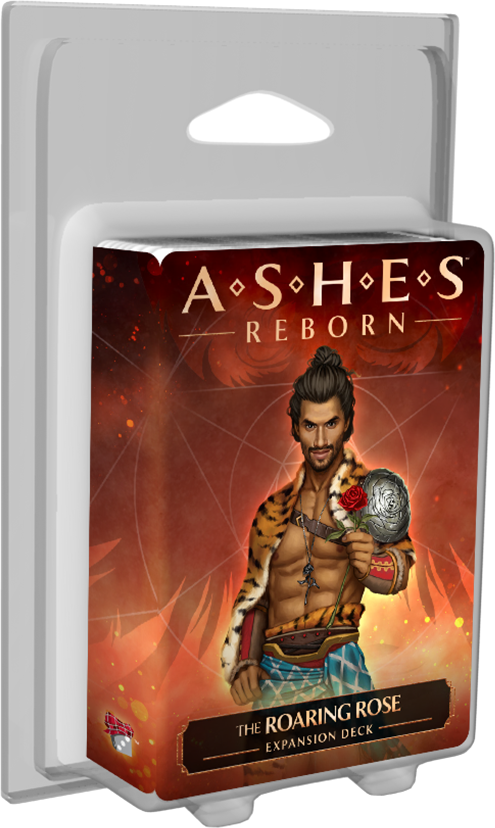 Ashes Reborn The Roaring Rose Expansion Deck featuring a man in a tiger-print fur and blue pants holding a red rose and a silver shield