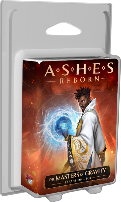 Ashes Reborn The Masters of Gravity Expansion Deck showing a dark-skinned man with dreadlocks holding a glowing blue orb against an orange background