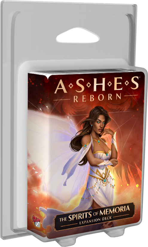 Ashes Reborn The Spirits of Memoria Expansion Deck in clear plastic packaging featuring a mystical female character with long dark hair and a flowing white dress with gold accents