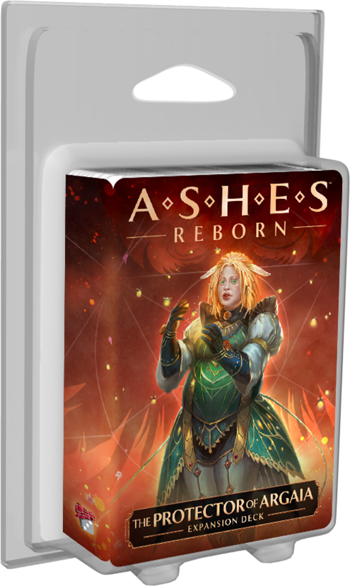 Ashes Reborn The Protector of Argaia Expansion Deck featuring a blonde-haired character in a green and gold outfit on the cover encased in clear plastic packaging