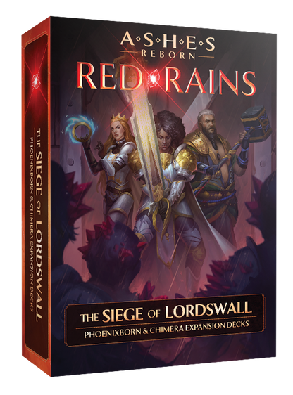 Ashes Reborn Red Rains The Siege of Lordswall tabletop game box featuring three armored heroes amidst a rainy battlefield with enemies and Phoenixborn Chimera Expansion Decks text below