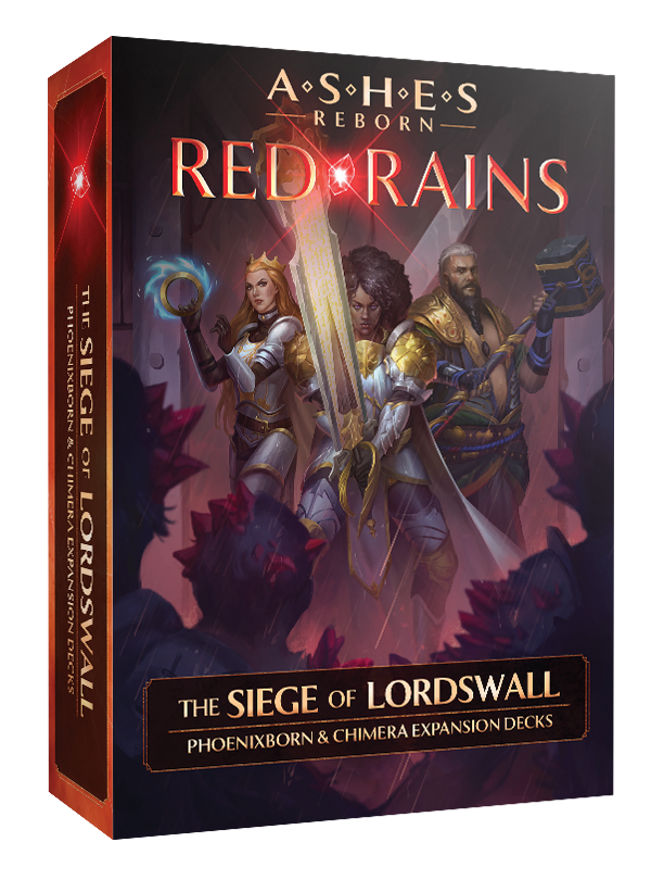 Ashes Reborn Red Rains The Siege of Lordswall tabletop game box featuring three armored heroes amidst a rainy battlefield with enemies and Phoenixborn Chimera Expansion Decks text below