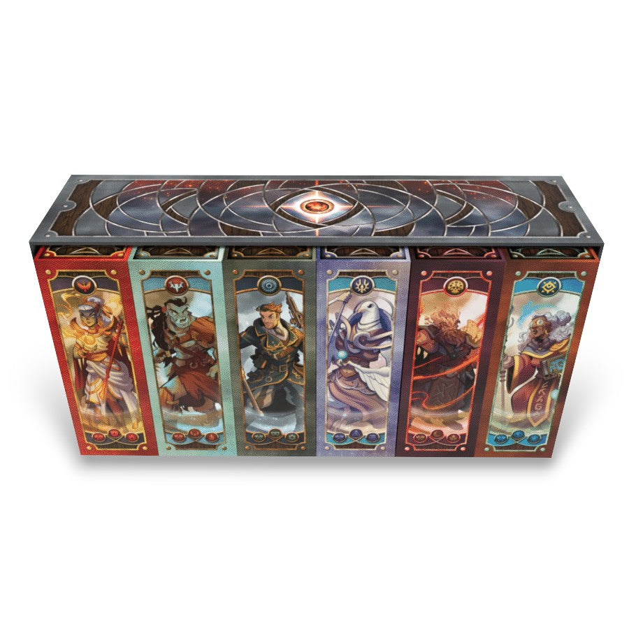 A set of six Summoner Wars Second Edition Deluxe Deck Boxes showcasing various fantasy character illustrations, housed within a decorative case with an ornate lid