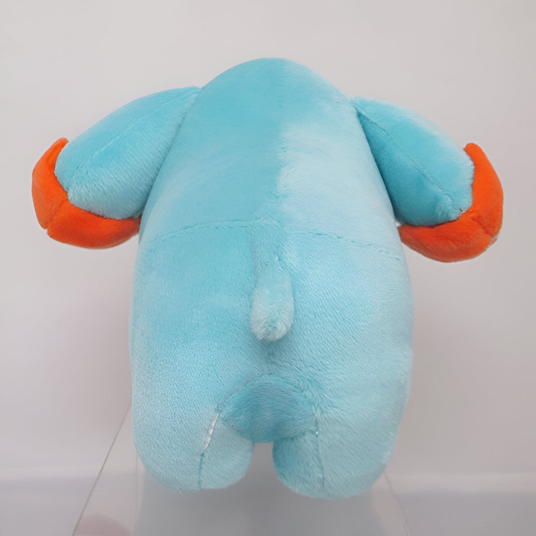 Rear view of a light blue Pokémon Phanpy plush toy featuring orange arm tips, a small stuffed tail, and feet