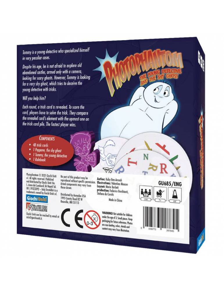 Illustrated game components for "Photophantom: The Young Detective and the Shy Ghost" including cards, tokens, and a playful board layout with a spooky theme