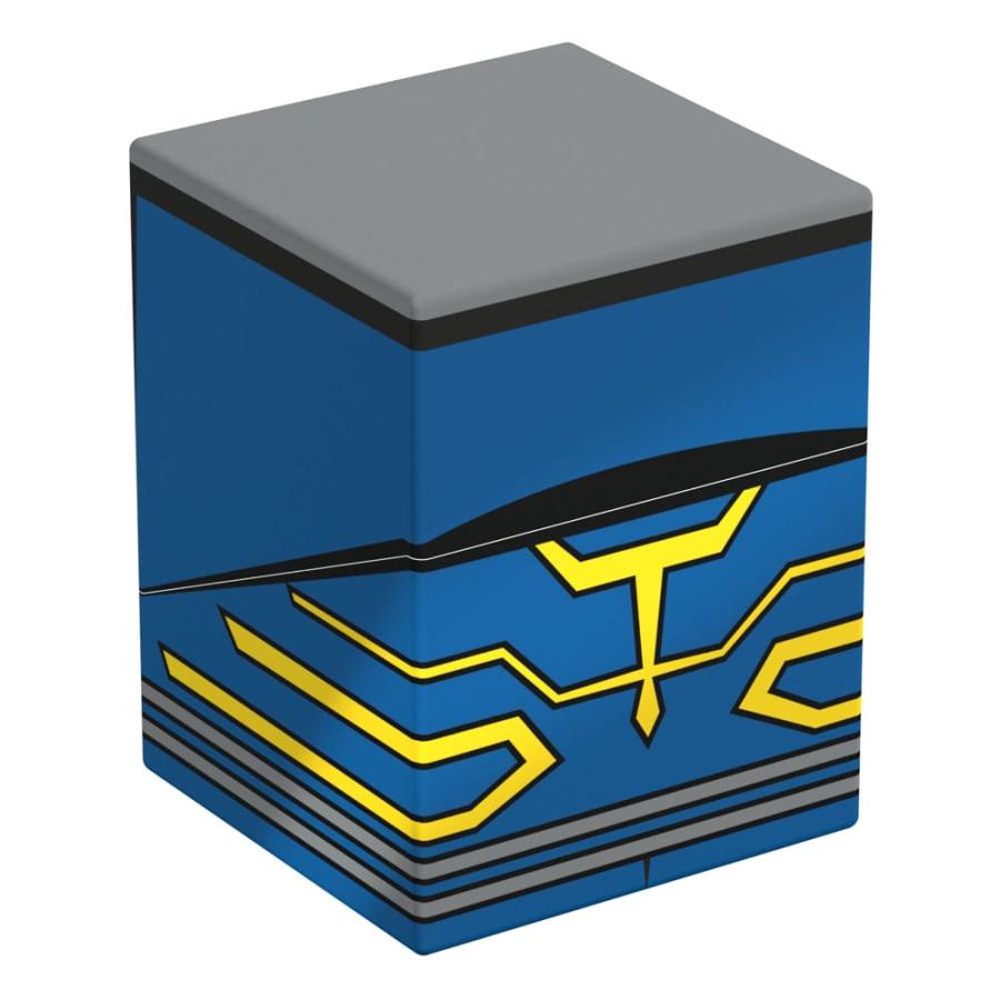 Blue deck box with gray lid and yellow stylized armor design