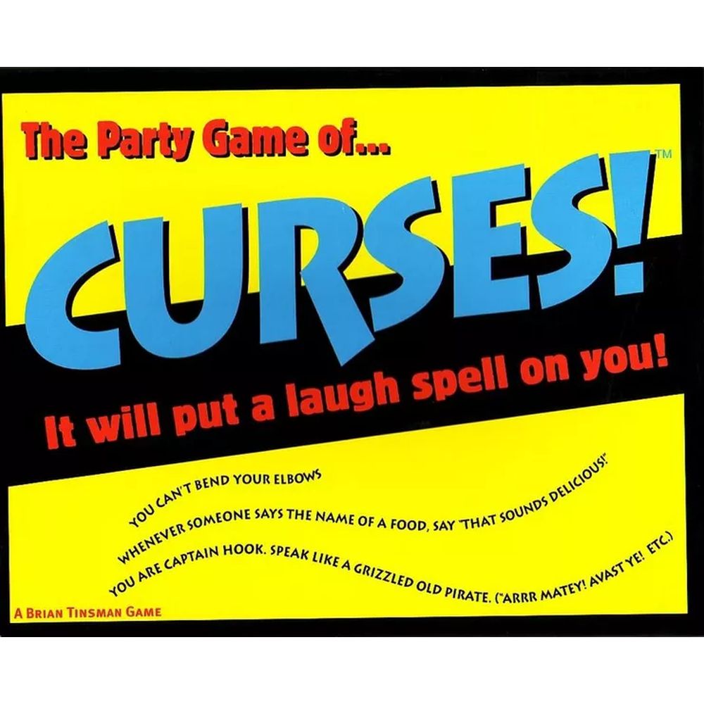 Yellow and black box cover for "CURSES! The Party Game," with large blue text and rule examples