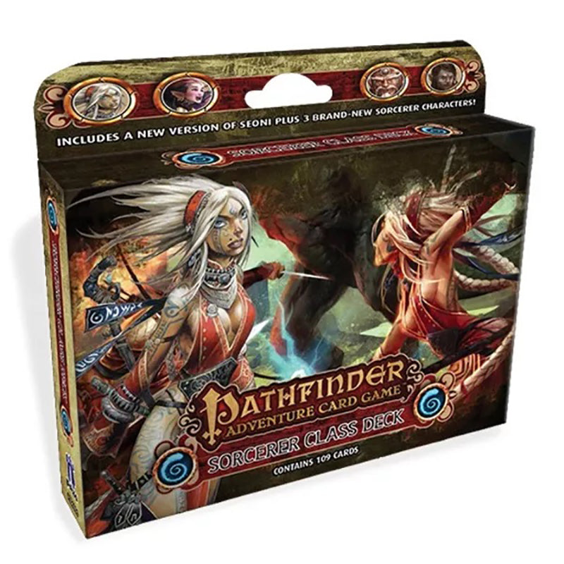 Game box for Pathfinder Sorcerer Class Deck, showing a white-haired sorceress battling a monster