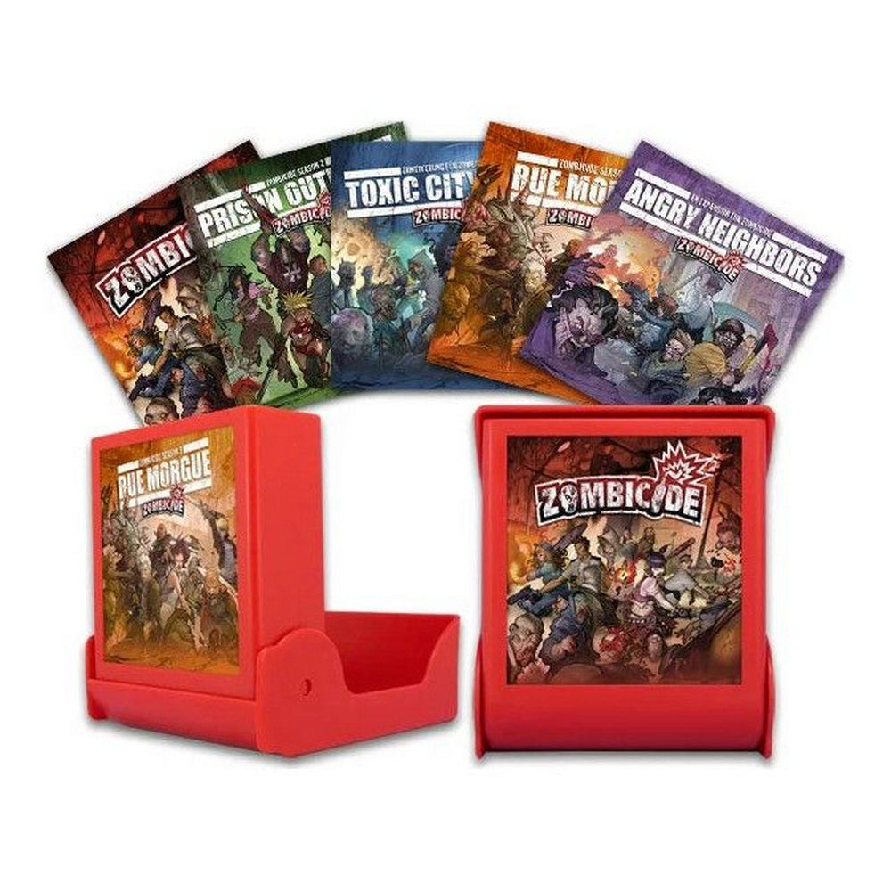 Multiple Zombicide board game boxes fanned out, with two red card holders displaying Zombicide and Rue Morgue art