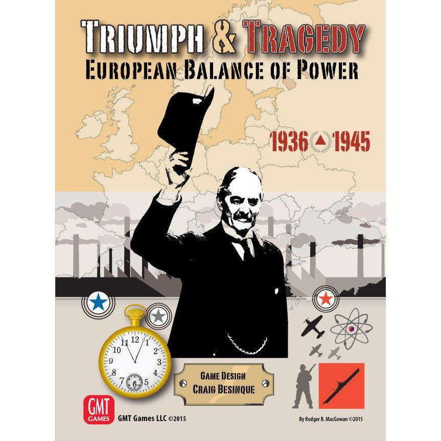 Triumph & Tragedy: European Balance of Power board game cover, map of Europe, 1936-1945. Statesman, factories, military units, atomic symbol, and clock for WWII strategy