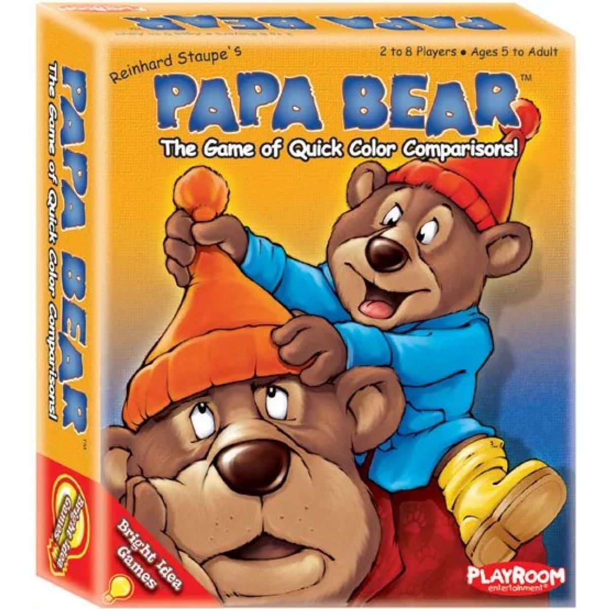Papa Bear game box featuring a small bear pulling an orange hat over the face of a larger bear