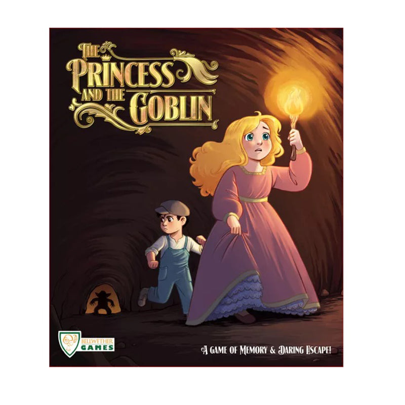 A blonde princess with a torch and a boy urgently move through a dark cave, as a goblin silhouette appears behind them