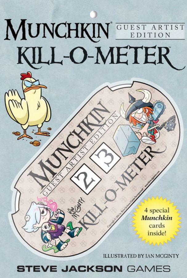 Munchkin Kill-O-Meter Guest Artist Edition, a ticket-shaped counter showing 2 and 3, with cartoon fantasy characters