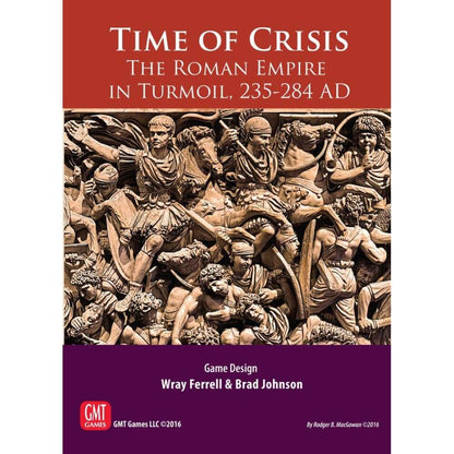 Time of Crisis board game cover, detailed Roman relief depicting soldiers and cavalry in intense battle, reflecting the Roman Empire's turmoil
