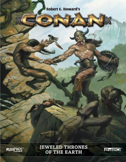 Muscular Conan, in a horned helmet, battles a dagger-wielding foe on rocky ground. Fallen enemies lie nearby. "Jeweled Thrones of the Earth."