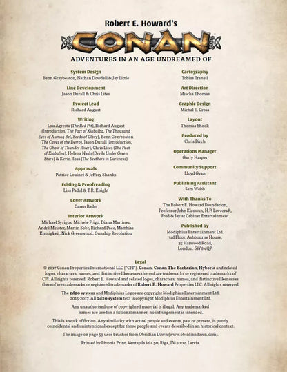 Alt text: Conan: Adventures in an Age Undreamed Of, a credits and legal information page for a tabletop RPG.