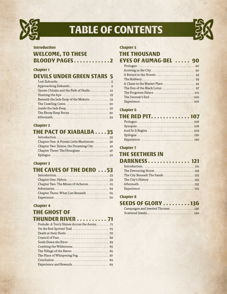 Table of Contents with decorative header, listing fantasy-themed chapters and page numbers.