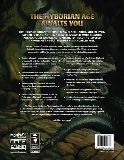 Back cover of a Conan adventure guide, "The Hyborian Age Awaits You," with bulleted descriptions over a dark fantasy creature.