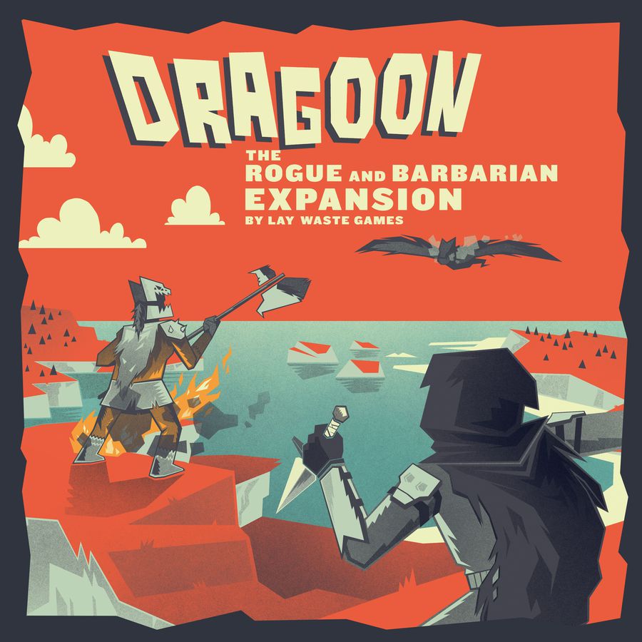 A barbarian with an axe and a rogue with a dagger on cliffs, a bat flies overhead
