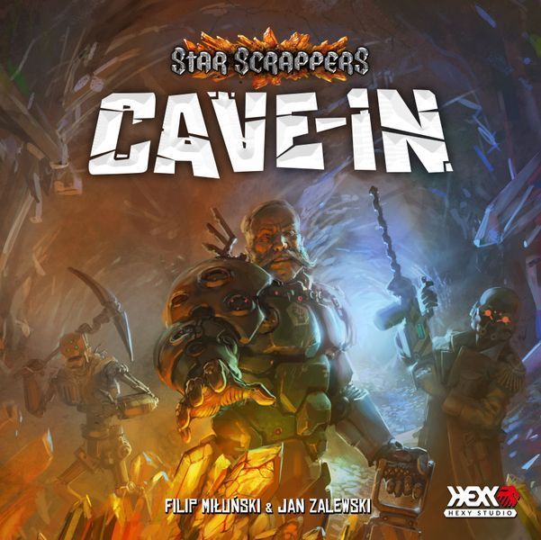 Board game cover art for Star Scrappers Cave-In featuring miners and robots in a cave