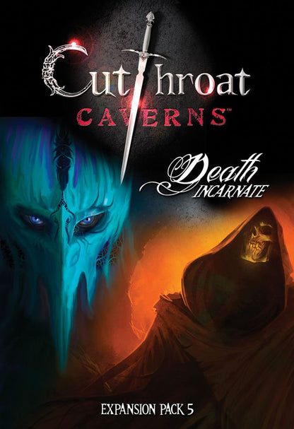 Cutthroat Caverns: Death Incarnate game cover. A sword, blue masked figure, and hooded glowing skull against dark caverns.