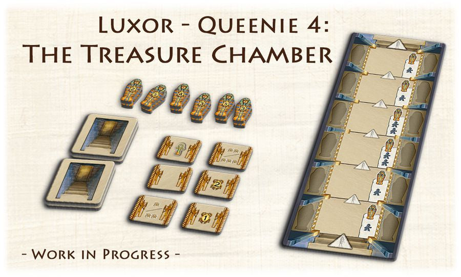 Luxor - Queenie 4: The Treasure Chamber board game components: mummy tokens, entrance tiles, and a long path board