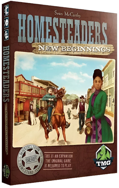 Homesteaders: New Beginnings expansion board game box. Cover art features a man on horseback & a woman in a green dress in a frontier town