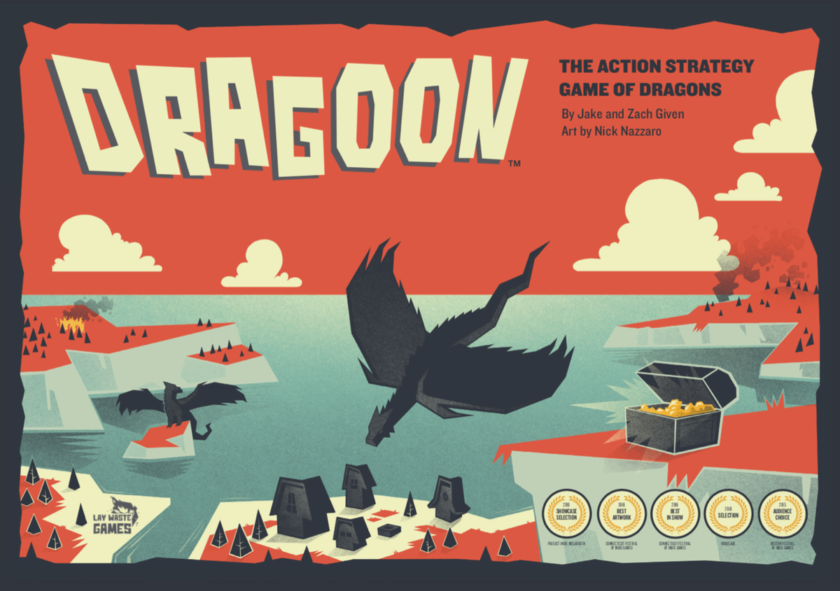 DRAGOON game cover: A large dragon soars over islands with burning trees, houses, a smaller dragon, and a treasure chest.
