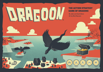 DRAGOON game cover: A large dragon soars over islands with burning trees, houses, a smaller dragon, and a treasure chest.