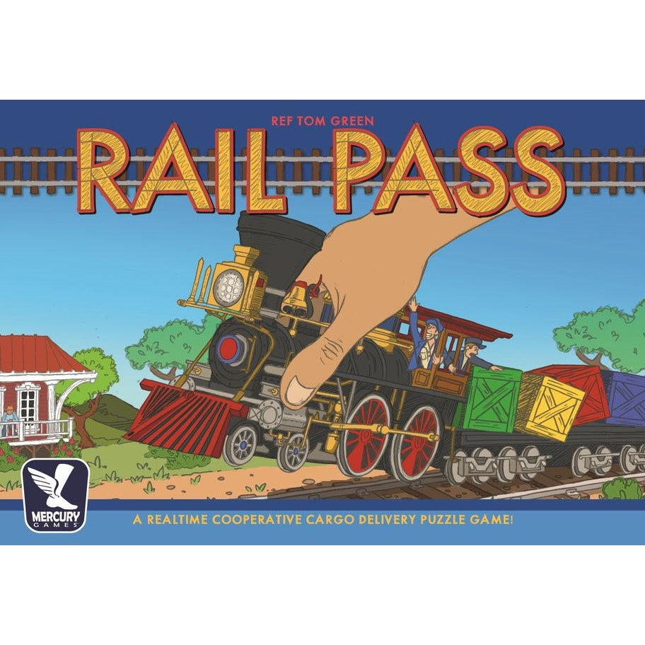 Game cover: A giant hand pushes a cartoon steam train carrying cargo and two men past a house. Rail Pass.