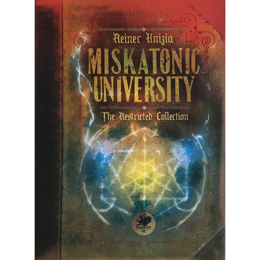 Book cover: Miskatonic University: The Restricted Collection by Reiner Knizia. Features a glowing, mystical geometric symbol with energy.