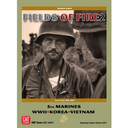 Fields of Fire 2 Solitaire Game cover. Sepia photo of a weary, helmeted Marine