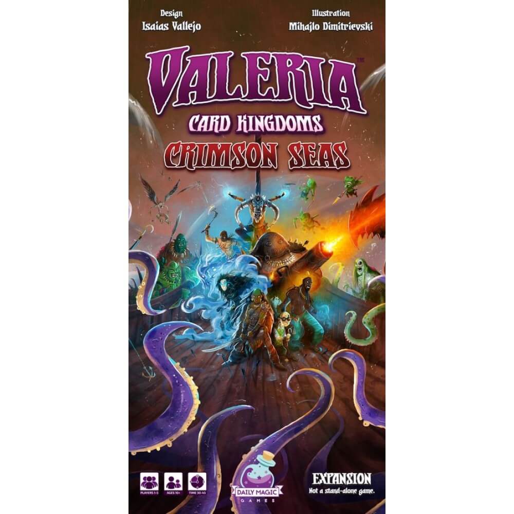 Valeria Card Kingdoms Crimson Seas box art: Fantasy warriors on a ship battling giant kraken tentacles and sea monsters