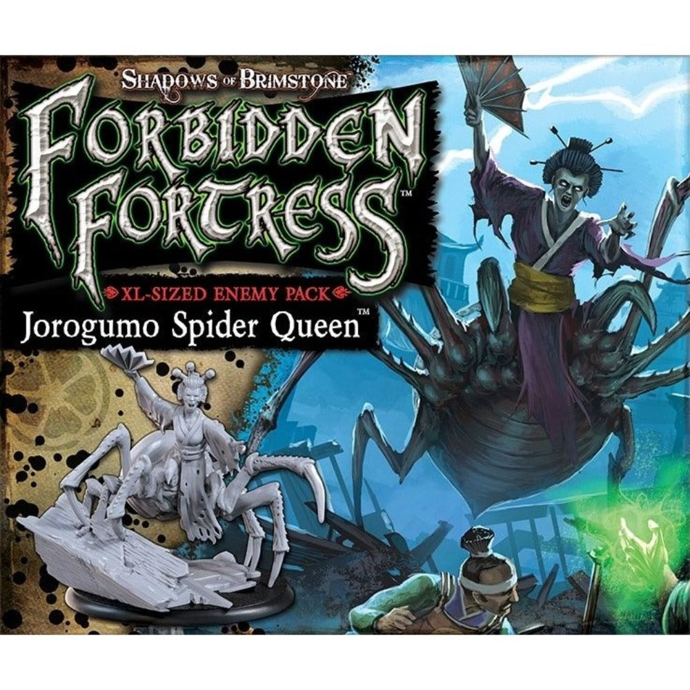 Forbidden Fortress: Jorogumo Spider Queen expansion cover, a menacing humanoid spider-woman with a fan and her grey miniature
